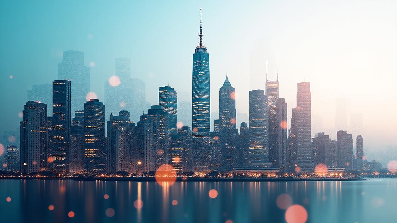 Abstract financial data visualization and New York skyline overlay